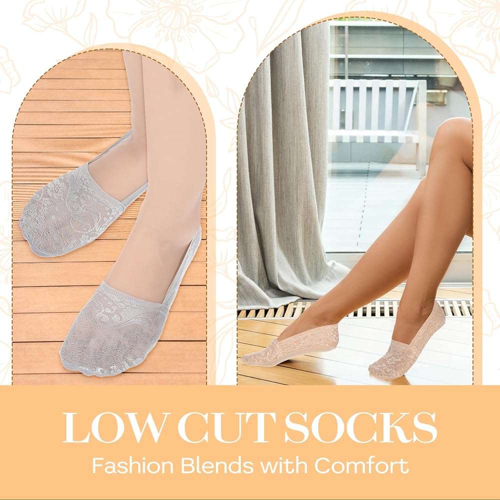Yuanchu 6 Pairs Women No Show Lace Boat Socks, Cotton Invisible Non-slip Ankle Sock Multicolor Ultra Low Cut Liner - Image 7