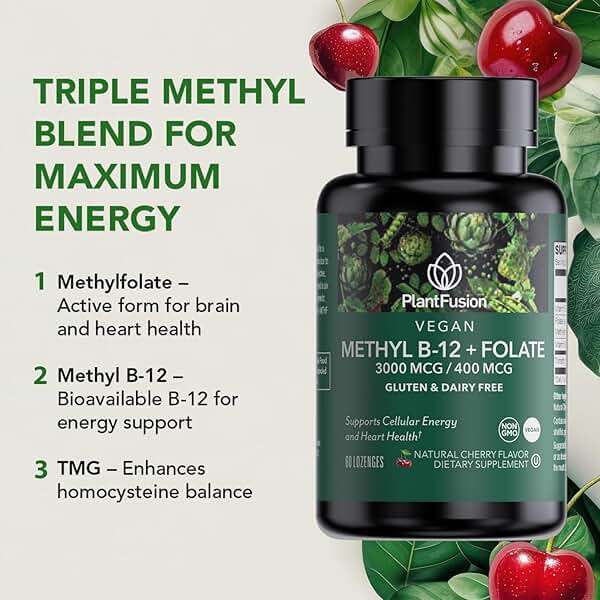 PlantFusion Methylated Vitamin B Complex – Vegan B12 3000mcg, Vegan Methylfolate (5-MTHF) 400mcg, B6 & TMG – Cherry-Flavored Lozenges – 60 Count - Image 5