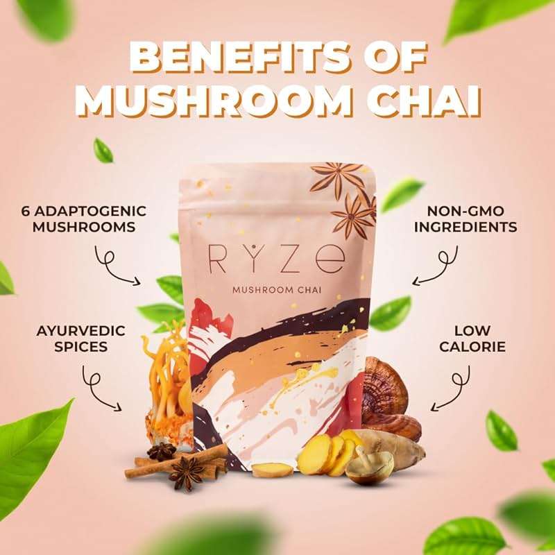 RYZE SUPERFOODS Mushroom Chai with 6 Organic Adaptogenic Mushrooms for Better Energy, Focus, Digestion, Immunity with USA Grown Lion's Mane, Turkey Tail, Shiitake, Reishi - Gluten Free, 20 Servings - Image 2