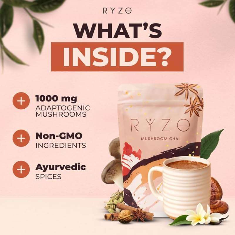 RYZE SUPERFOODS Mushroom Chai with 6 Organic Adaptogenic Mushrooms for Better Energy, Focus, Digestion, Immunity with USA Grown Lion's Mane, Turkey Tail, Shiitake, Reishi - Gluten Free, 20 Servings - Image 5