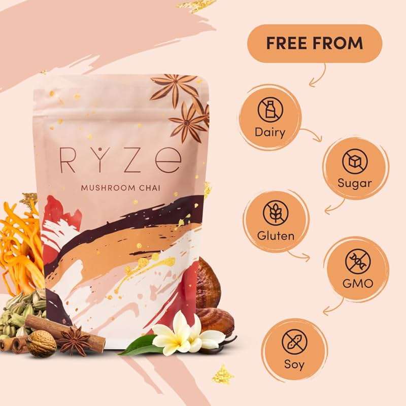 RYZE SUPERFOODS Mushroom Chai with 6 Organic Adaptogenic Mushrooms for Better Energy, Focus, Digestion, Immunity with USA Grown Lion's Mane, Turkey Tail, Shiitake, Reishi - Gluten Free, 20 Servings - Image 6