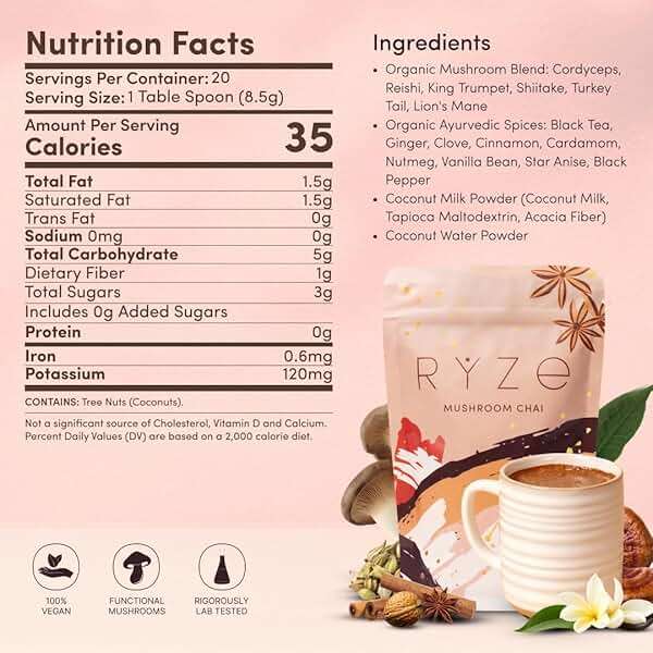 RYZE SUPERFOODS Mushroom Chai with 6 Organic Adaptogenic Mushrooms for Better Energy, Focus, Digestion, Immunity with USA Grown Lion's Mane, Turkey Tail, Shiitake, Reishi - Gluten Free, 20 Servings - Image 7
