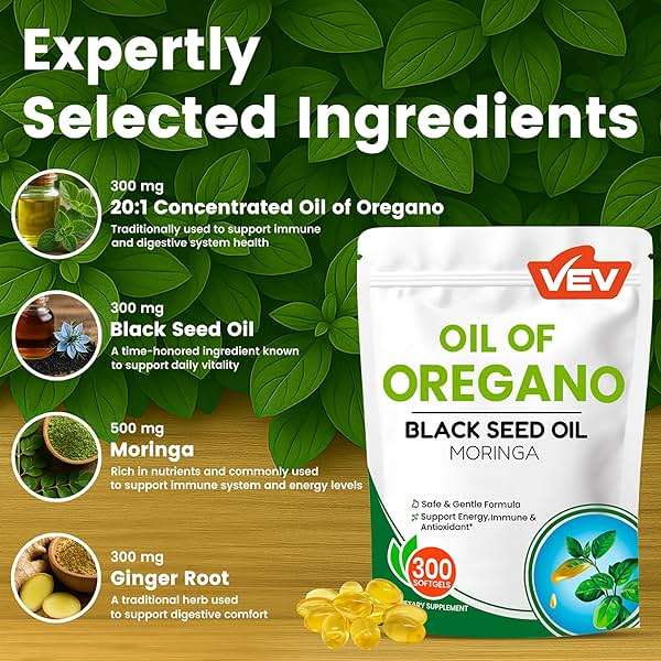 VEV Oil of Oregano with Black Seed Oil & Moringa, Organic, 300 Softgels, Aceite de Orégano, Carvacrol-Rich, Opaque Airtight Packaging - Image 4