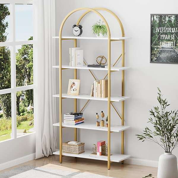 Arbuxzuy Arched Bookshelf 5 Tier Book Shelf, 31.5 Inch Width Industrial Arch Bookcase, Curved Tall Bookshelf with Open Shelves for Home Office, Living Room, Bedroom, Gold - Image 1
