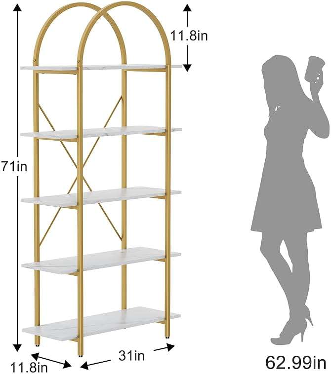 Arbuxzuy Arched Bookshelf 5 Tier Book Shelf, 31.5 Inch Width Industrial Arch Bookcase, Curved Tall Bookshelf with Open Shelves for Home Office, Living Room, Bedroom, Gold - Image 2