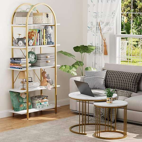 Arbuxzuy Arched Bookshelf 5 Tier Book Shelf, 31.5 Inch Width Industrial Arch Bookcase, Curved Tall Bookshelf with Open Shelves for Home Office, Living Room, Bedroom, Gold - Image 3
