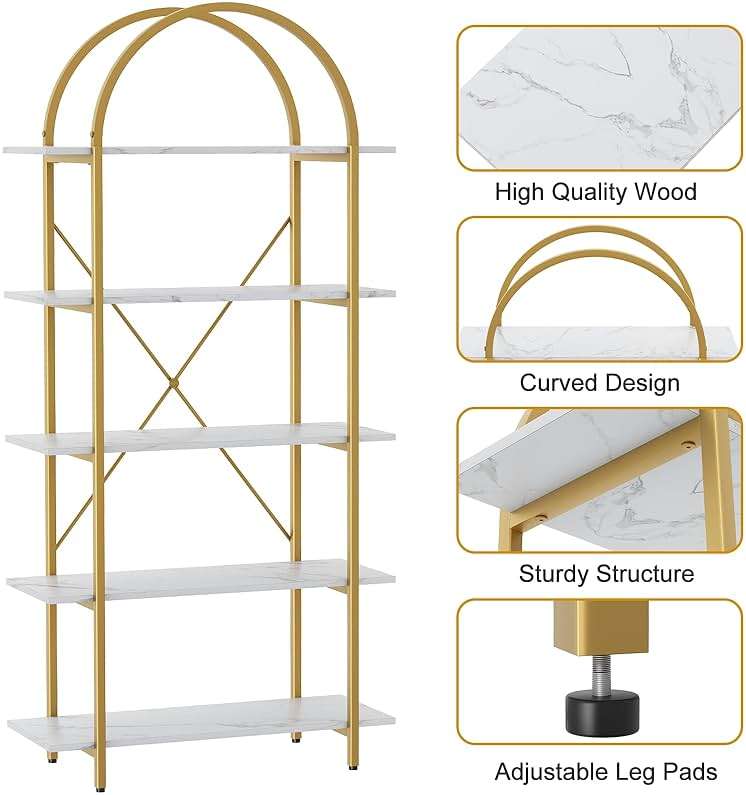 Arbuxzuy Arched Bookshelf 5 Tier Book Shelf, 31.5 Inch Width Industrial Arch Bookcase, Curved Tall Bookshelf with Open Shelves for Home Office, Living Room, Bedroom, Gold - Image 4