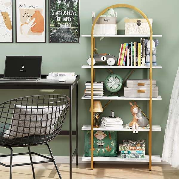 Arbuxzuy Arched Bookshelf 5 Tier Book Shelf, 31.5 Inch Width Industrial Arch Bookcase, Curved Tall Bookshelf with Open Shelves for Home Office, Living Room, Bedroom, Gold - Image 5