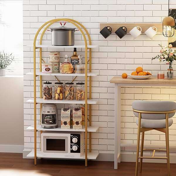 Arbuxzuy Arched Bookshelf 5 Tier Book Shelf, 31.5 Inch Width Industrial Arch Bookcase, Curved Tall Bookshelf with Open Shelves for Home Office, Living Room, Bedroom, Gold - Image 8