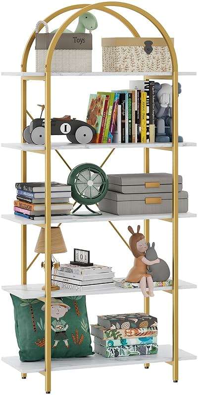 Arbuxzuy Arched Bookshelf 5 Tier Book Shelf, 31.5 Inch Width Industrial Arch Bookcase, Curved Tall Bookshelf with Open Shelves for Home Office, Living Room, Bedroom, Gold - Image 9