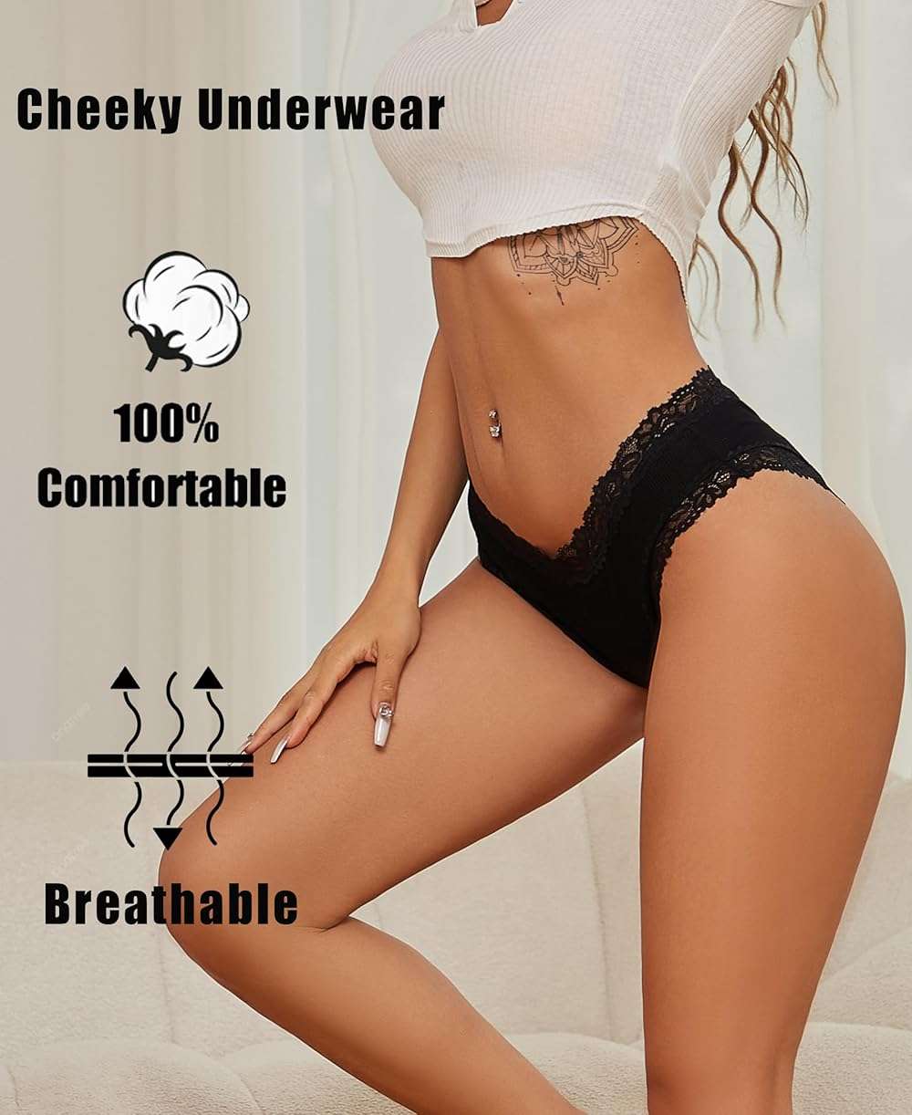 Knowyou Cotton Underwear for Women Cheeky Bikini Womens Underwear Pack Sexy Lace Wasit Hipster Brief Panties for Ladies - Image 5