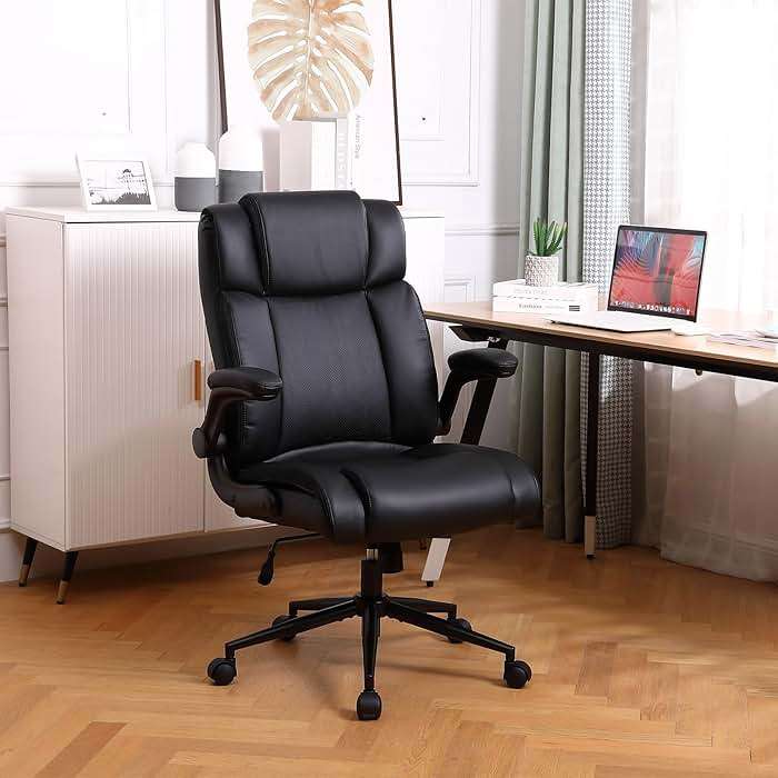 Ermnois Executive Office Chair with Thicken Flip-up Armrest, Ergonomic Home Office Desk Chair with Lumbar Support, Upholstered PU Leather Computer Gaming Chair for Home/Office, Black - Image 2
