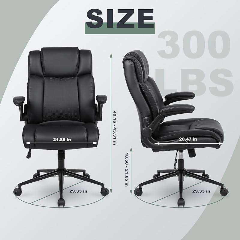 Ermnois Executive Office Chair with Thicken Flip-up Armrest, Ergonomic Home Office Desk Chair with Lumbar Support, Upholstered PU Leather Computer Gaming Chair for Home/Office, Black - Image 3
