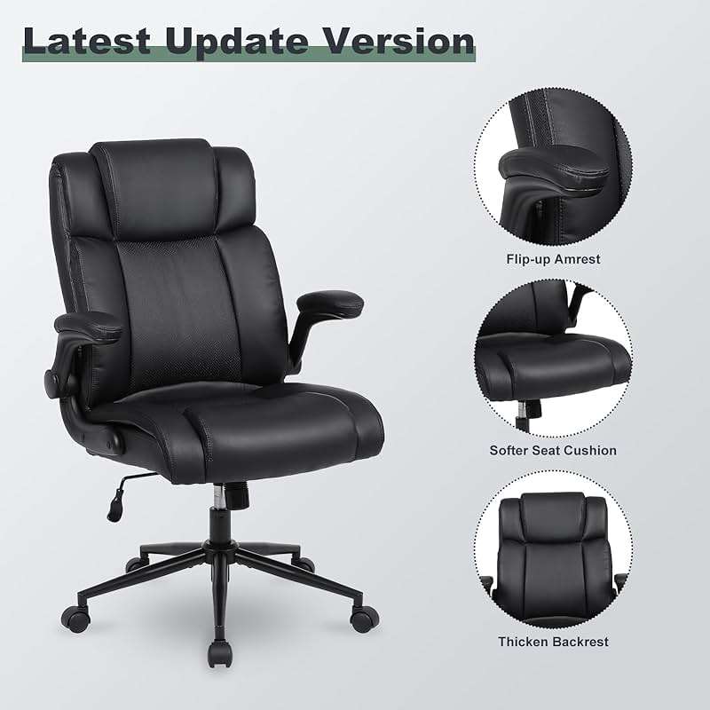 Ermnois Executive Office Chair with Thicken Flip-up Armrest, Ergonomic Home Office Desk Chair with Lumbar Support, Upholstered PU Leather Computer Gaming Chair for Home/Office, Black - Image 4