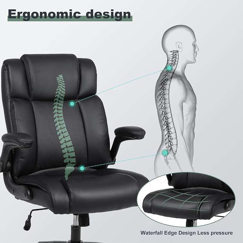 Ermnois Executive Office Chair with Thicken Flip-up Armrest, Ergonomic Home Office Desk Chair with Lumbar Support, Upholstered PU Leather Computer Gaming Chair for Home/Office, Black - Image 5