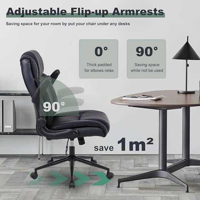Ermnois Executive Office Chair with Thicken Flip-up Armrest, Ergonomic Home Office Desk Chair with Lumbar Support, Upholstered PU Leather Computer Gaming Chair for Home/Office, Black - Image 6