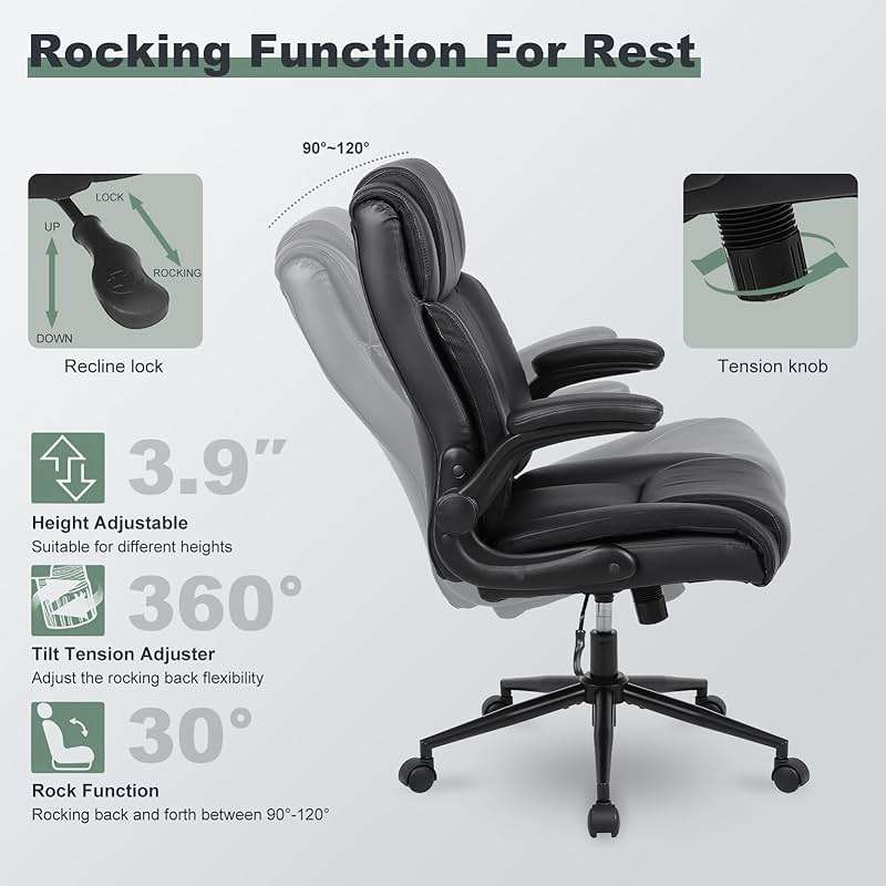 Ermnois Executive Office Chair with Thicken Flip-up Armrest, Ergonomic Home Office Desk Chair with Lumbar Support, Upholstered PU Leather Computer Gaming Chair for Home/Office, Black - Image 7