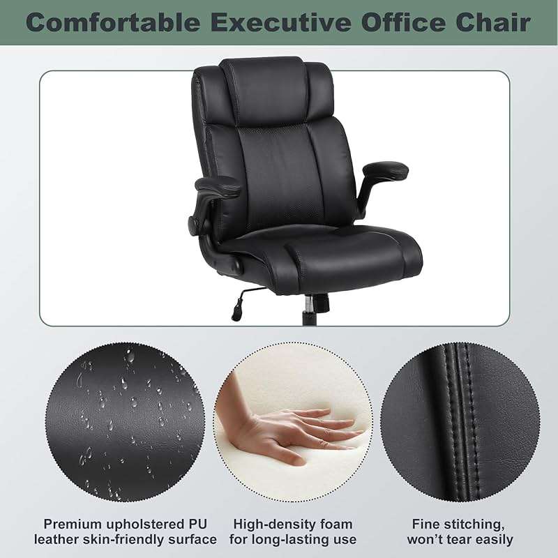 Ermnois Executive Office Chair with Thicken Flip-up Armrest, Ergonomic Home Office Desk Chair with Lumbar Support, Upholstered PU Leather Computer Gaming Chair for Home/Office, Black - Image 8