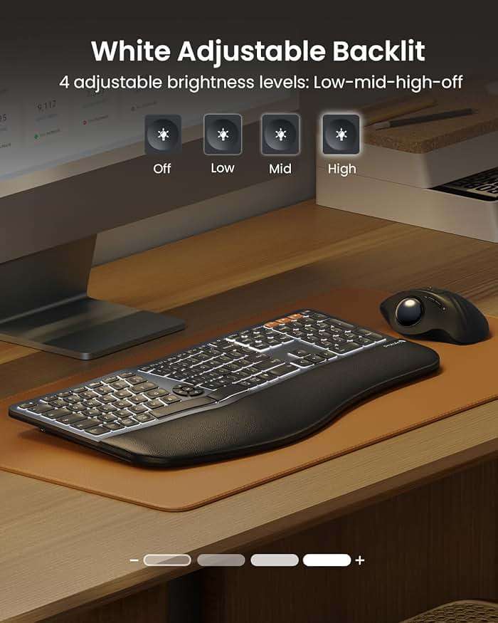 Backlit Bluetooth Ergonomic Keyboard, ProtoArc EK01 Plus Full Size Wireless Split Keyboard with Dual Bluetooth and USB, Cushioned Wrist Rest, Rechargeable for Windows/Mac/Android, Grey Black - Image 2