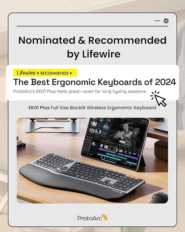 Backlit Bluetooth Ergonomic Keyboard, ProtoArc EK01 Plus Full Size Wireless Split Keyboard with Dual Bluetooth and USB, Cushioned Wrist Rest, Rechargeable for Windows/Mac/Android, Grey Black - Image 6