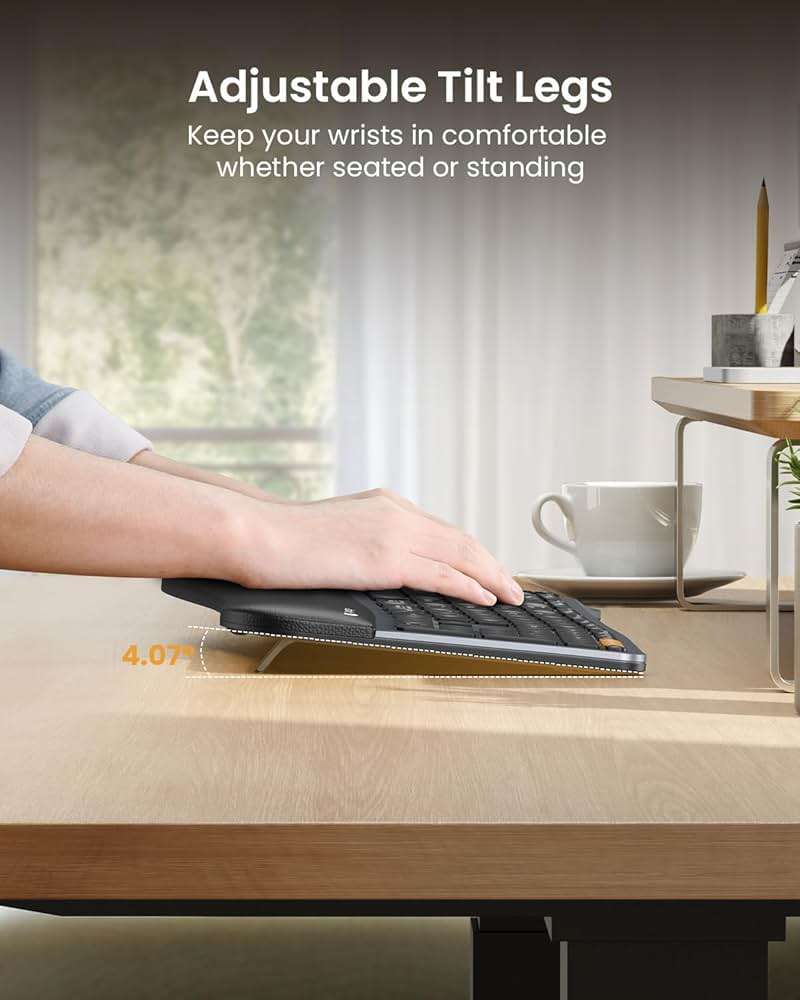 Backlit Bluetooth Ergonomic Keyboard, ProtoArc EK01 Plus Full Size Wireless Split Keyboard with Dual Bluetooth and USB, Cushioned Wrist Rest, Rechargeable for Windows/Mac/Android, Grey Black - Image 7