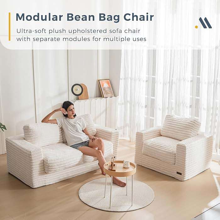 MAXYOYO Giant Bean Bag Chair for Adults, Upholstered Loveseat Floor Sofa with Pillows and Armrests, Large Bean Bag Sofa Plush Chair Couch for Bedroom Living Room, White - Image 4