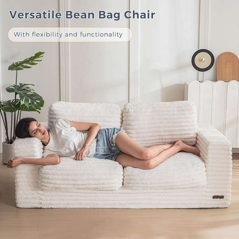 MAXYOYO Giant Bean Bag Chair for Adults, Upholstered Loveseat Floor Sofa with Pillows and Armrests, Large Bean Bag Sofa Plush Chair Couch for Bedroom Living Room, White - Image 7