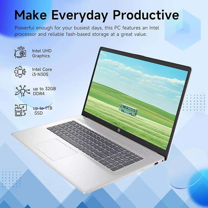 HP Premium 17.3" Touchscreen Laptop, 8-Cores Intel Core i3-N305, 32GB RAM, 128GB eMMC + 1TB SSD, MS Copilot, Office 365 for the Web, Webcam w/Privacy Shutter, Wi-Fi 6, Windows 11, Silver - Image 3