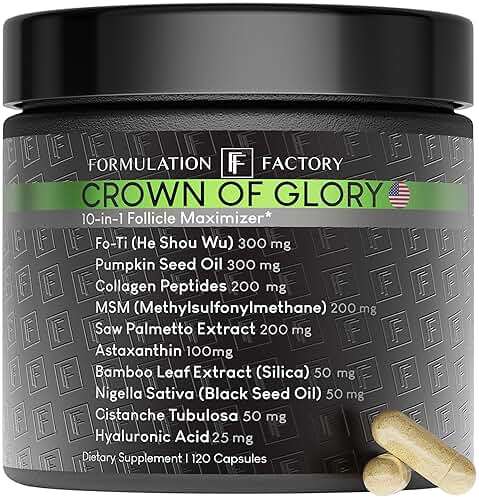 Formulation Factory Crown of Glory 10-in-1 Hair Growth Products - DHT Blocker for Men & Women with Pumpkin Seed Oil - Hair Vitamins for Faster Growth & Thickness - 120 Capsules, 2 Month Supply - Image 1