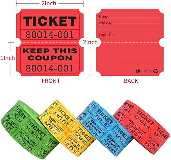 L LIKED 4000 Pairs Double Raffle Tickets - 4 Assorted Colors (Blue, Yellow, Red, Green), 1000 Tickets per Roll for Events, Fundraisers & Parties - Image 2