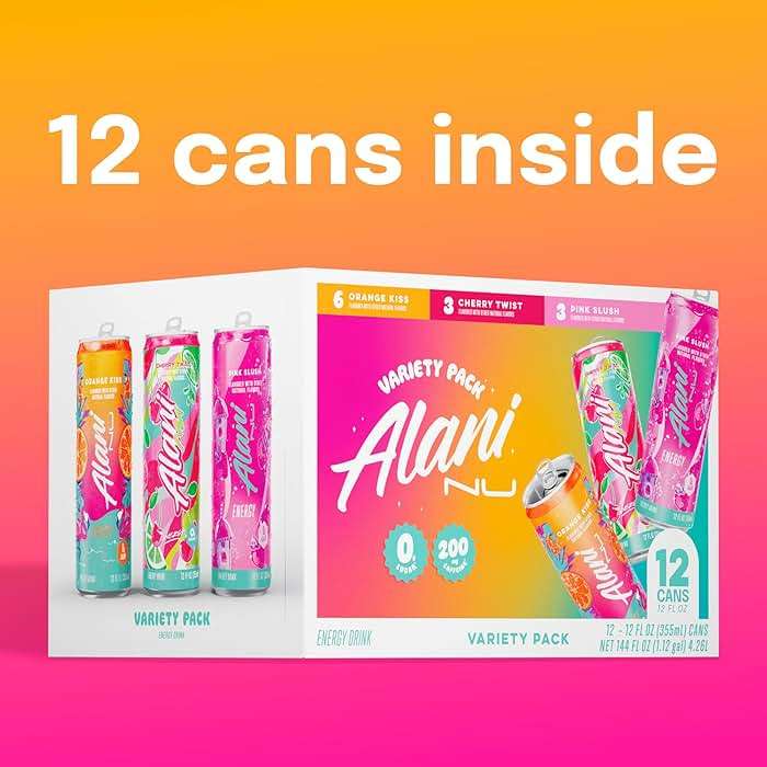 Alani Nu VARIETY PACK CHERRY TWIST, PINK SLUSH, ORANGE KISS Sugar Free, Low Calorie Energy Drinks, 200mg Caffeine, Biotin B Vitamins, Zero Sugar, 10 Calories, 12 Fl Oz Cans, 12 Pack - Image 2