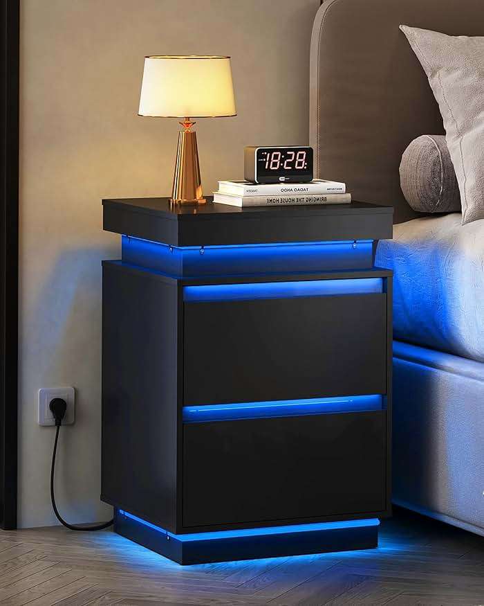 WLIVE Black LED Nightstand with Charging Station, 26 Inches Night Stand with Sliding Top, 2 Drawers, 29 Colors and Multi‑Scene Rhythms, Modern End Table for Bedroom, Living Room, Gaming Room - Image 1
