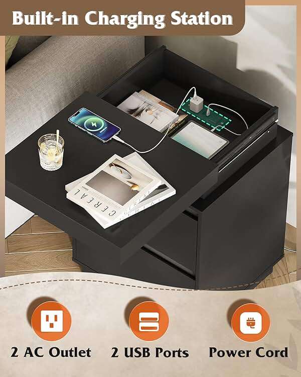 WLIVE Black LED Nightstand with Charging Station, 26 Inches Night Stand with Sliding Top, 2 Drawers, 29 Colors and Multi‑Scene Rhythms, Modern End Table for Bedroom, Living Room, Gaming Room - Image 3
