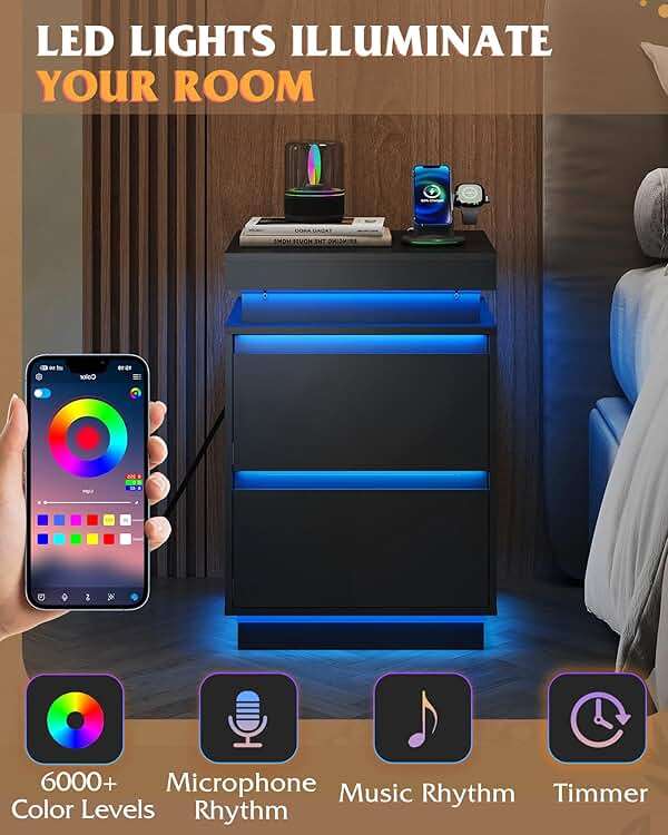 WLIVE Black LED Nightstand with Charging Station, 26 Inches Night Stand with Sliding Top, 2 Drawers, 29 Colors and Multi‑Scene Rhythms, Modern End Table for Bedroom, Living Room, Gaming Room - Image 4