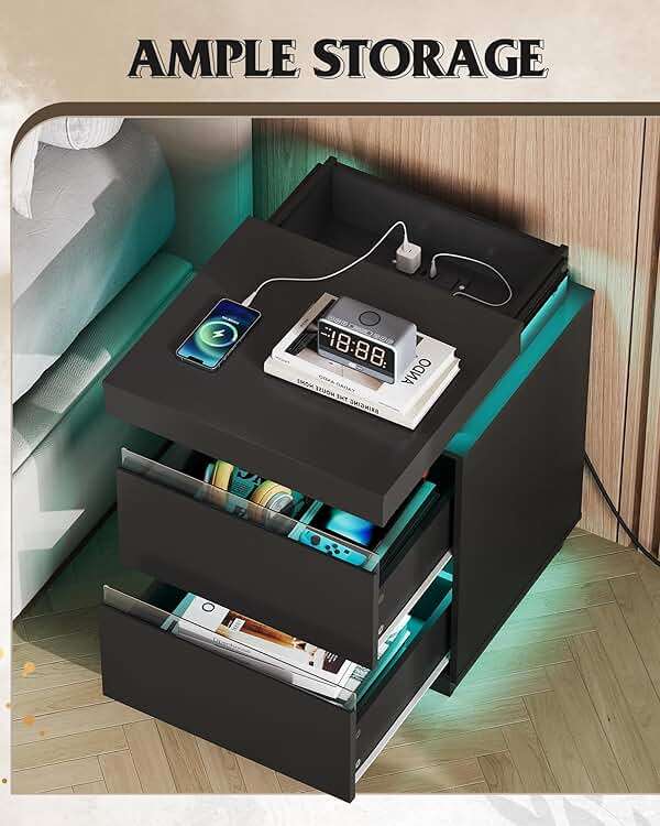 WLIVE Black LED Nightstand with Charging Station, 26 Inches Night Stand with Sliding Top, 2 Drawers, 29 Colors and Multi‑Scene Rhythms, Modern End Table for Bedroom, Living Room, Gaming Room - Image 5