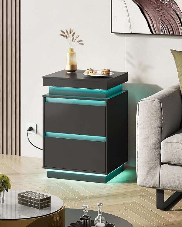 WLIVE Black LED Nightstand with Charging Station, 26 Inches Night Stand with Sliding Top, 2 Drawers, 29 Colors and Multi‑Scene Rhythms, Modern End Table for Bedroom, Living Room, Gaming Room - Image 6