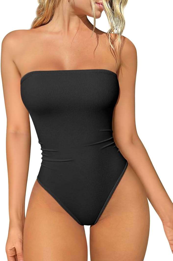OQQ Womens Tube Bodysuits Strapless Basic Sleeveless Ruched Stretch Classic-Fit Tops Sexy Bodysuits - Image 1