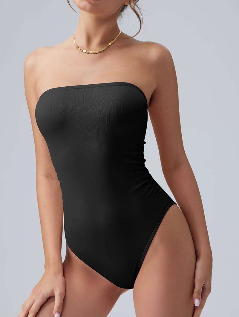 OQQ Womens Tube Bodysuits Strapless Basic Sleeveless Ruched Stretch Classic-Fit Tops Sexy Bodysuits - Image 2
