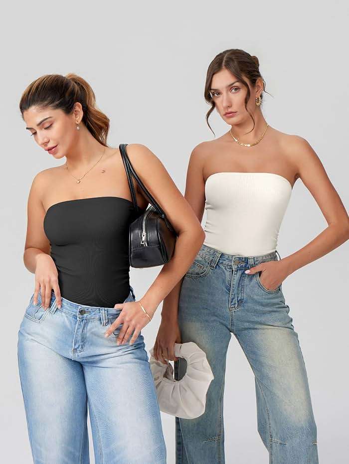 OQQ Womens Tube Bodysuits Strapless Basic Sleeveless Ruched Stretch Classic-Fit Tops Sexy Bodysuits - Image 5