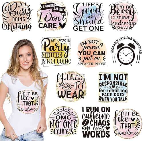 Dazaoratix Sarcastic Iron on Patches - 12 PCs Funny Heat Transfer Design Stickers Ready to Press Black Humor Joke Shirts Decals for T-Shirts Men Adult Clothes Women DIY Crafts Clothing Hat Decoration - Image 1
