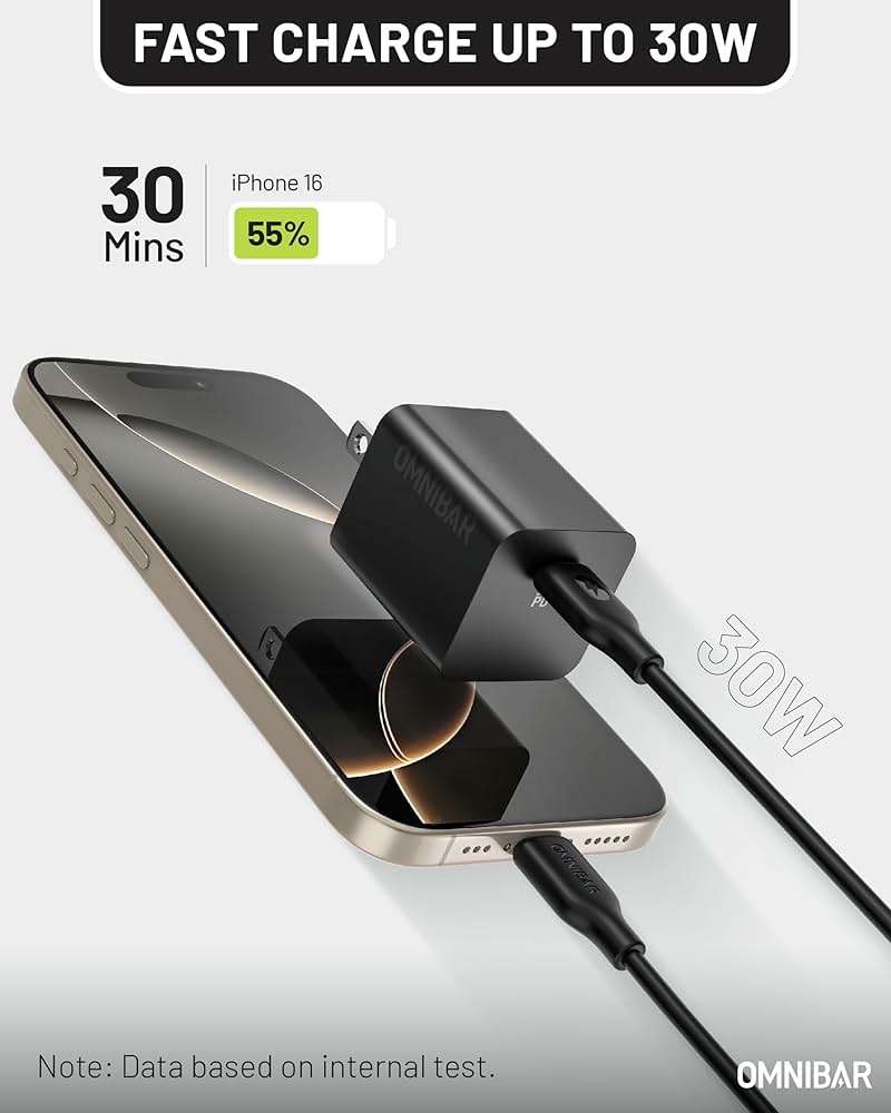 OMNIBAR 30W USB C Charger Block, GaN Type C Wall Charger Block, PD3.0 PPS USB-C Power Adapter, Compact iPhone Charger Fast Charging for iPhone 17/16/15, Samsung Galaxy S25/S24/S23, Pixel 10/9/8, Black - Image 2