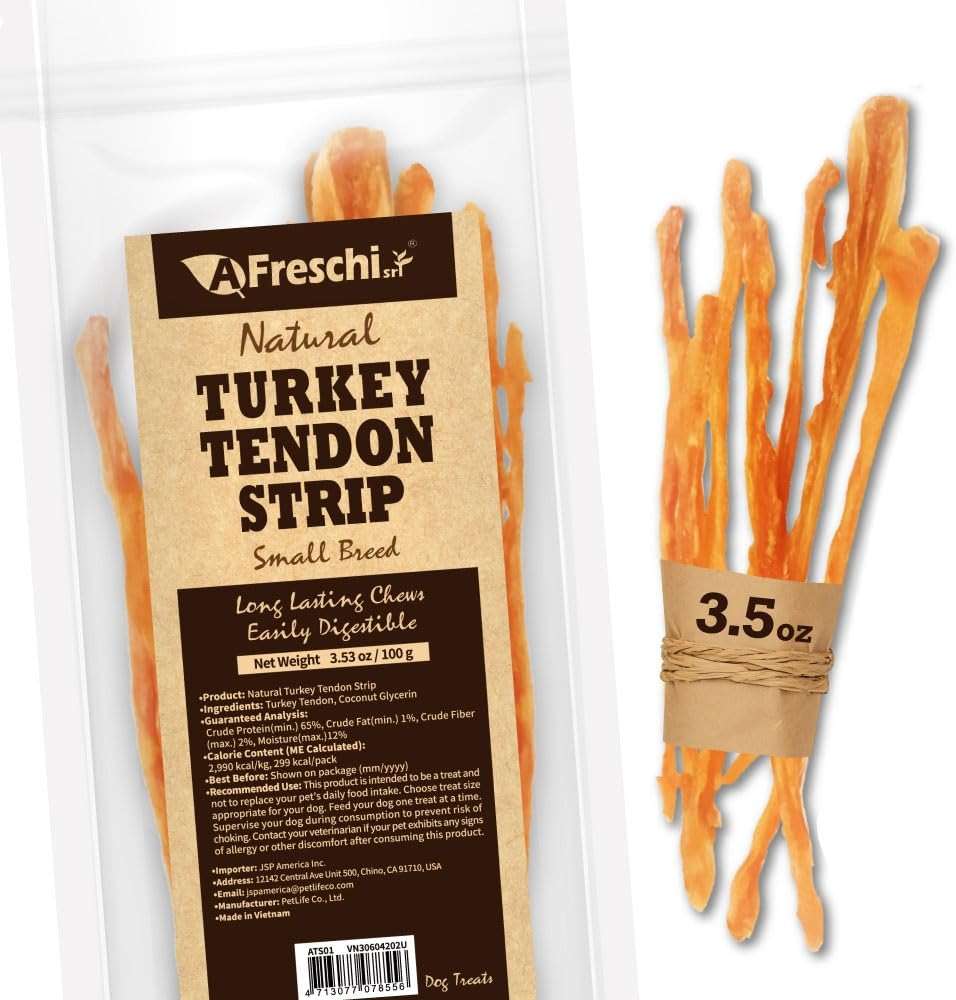 A Freschi srl Turkey Tendons for Dogs, USA-Sourced Human Grade, Rawhide-Free Long-Lasting Puppy Chews, All Natural Hypoallergenic Dog Treats for Small Breeds, 3.53 oz Pack Strips - Image 1