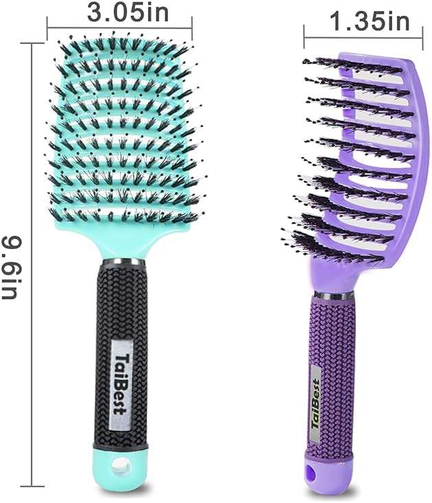 TaiBest Boar Bristle Hair Brush Set - Dry/Wet Detangler for Fine, Thick, Curly Hair - Curved and Vented Brush for Women, Men or Kids (Purple & Green) - Image 5