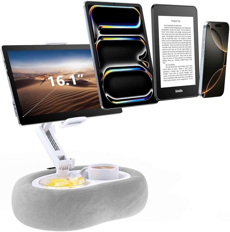 Tablet & E-Reader Stand with Soft Plush Pillow and 2 Detachable Trays , Adjustable Tablet Holder for Bed or Lap Compatible with Kindle Kobo iPad iPhone Portable Monitors & 4.7-16.1" Devices (Gray) - Image 1