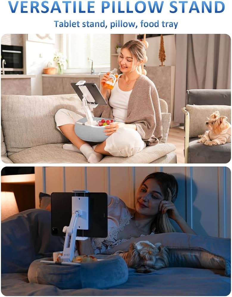Tablet & E-Reader Stand with Soft Plush Pillow and 2 Detachable Trays , Adjustable Tablet Holder for Bed or Lap Compatible with Kindle Kobo iPad iPhone Portable Monitors & 4.7-16.1" Devices (Gray) - Image 2