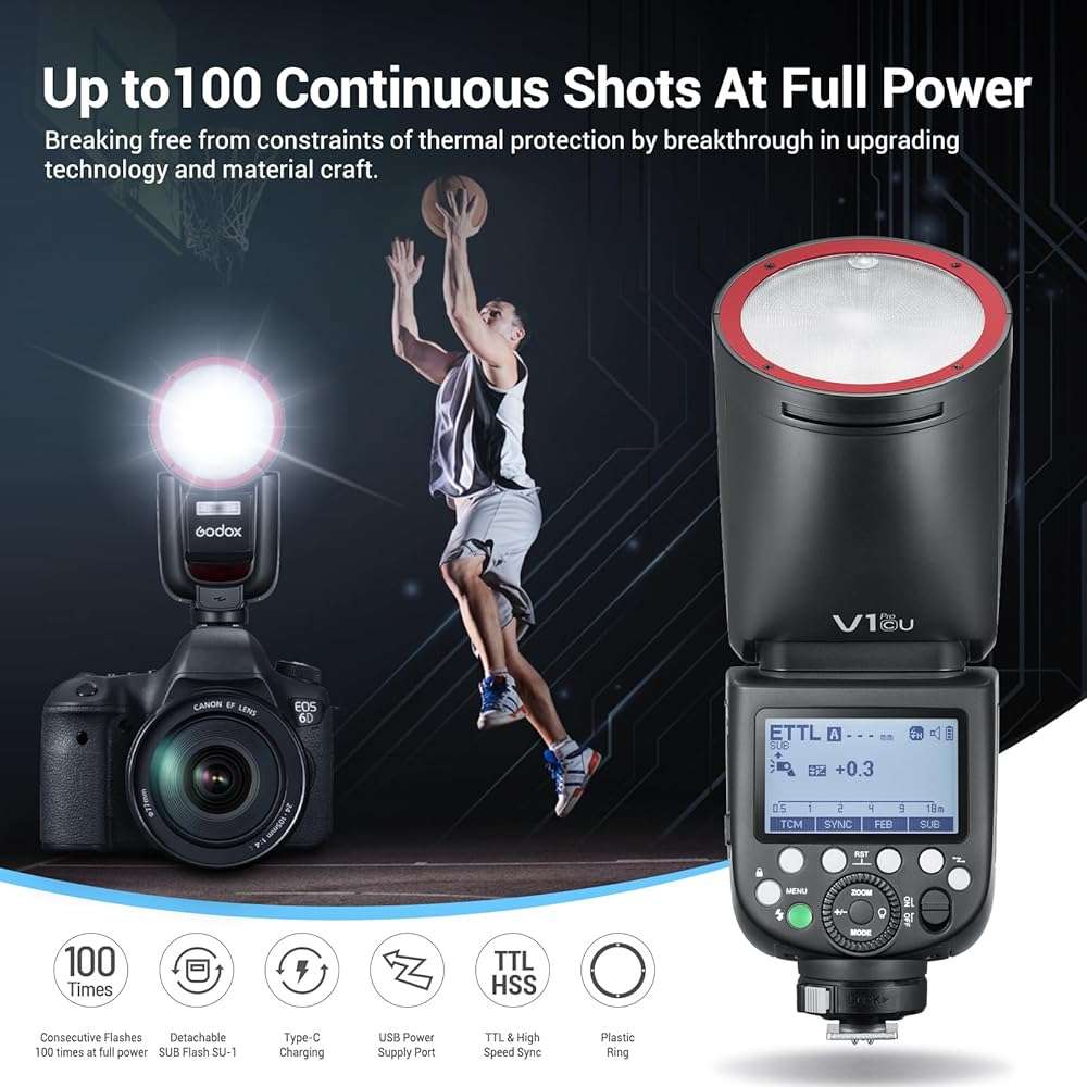 Godox V1Pro-C USA Version Flash for Canon, V1Pro-CU Camera Flash Speedlite with Detachable Sub Flash, USB-C Charge Battery, LED Modeling Light, 2.4G X Wireless 1/8000s HSS TTL Flash Speedlight - Image 5