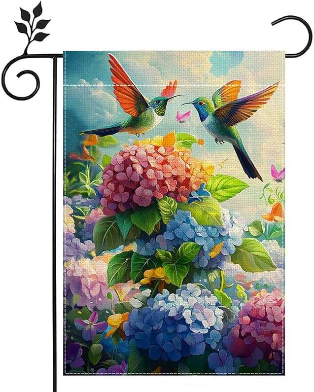 Hummingbirds Hydrangeas Garden Flag 12x18 Inch Double Sided Burlap, Spring Summer Welcome Colorful Floral Yard Decor, Farmhouse Outdoor Flag - Image 1