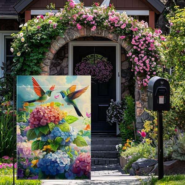 Hummingbirds Hydrangeas Garden Flag 12x18 Inch Double Sided Burlap, Spring Summer Welcome Colorful Floral Yard Decor, Farmhouse Outdoor Flag - Image 2
