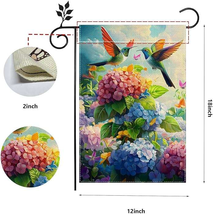 Hummingbirds Hydrangeas Garden Flag 12x18 Inch Double Sided Burlap, Spring Summer Welcome Colorful Floral Yard Decor, Farmhouse Outdoor Flag - Image 3