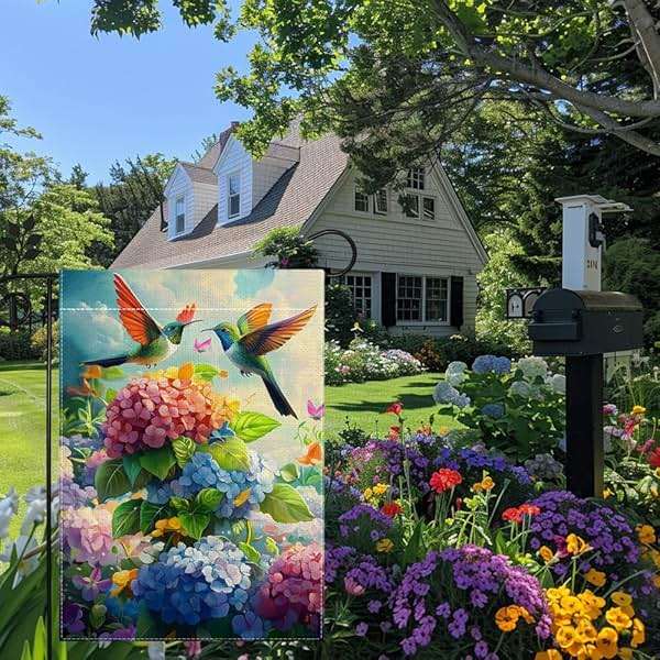 Hummingbirds Hydrangeas Garden Flag 12x18 Inch Double Sided Burlap, Spring Summer Welcome Colorful Floral Yard Decor, Farmhouse Outdoor Flag - Image 4